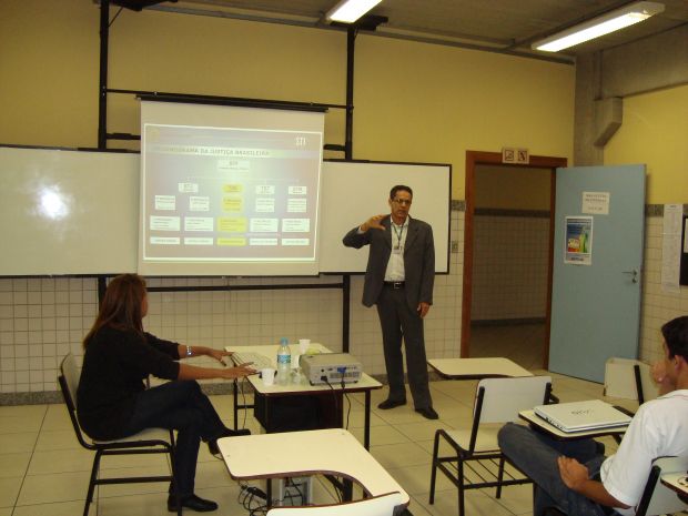 Palestra em sala de aula: Processo eleitoral brasileiro: uma combinação de logística e tecnologia da informação, ministrada pelo Senhor Manoel Vargens
